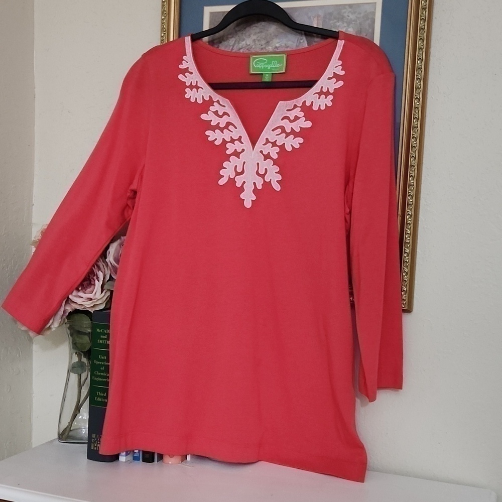 Coral top size M mid sleeve Coastal Lagenlook contemporary Artsy vacation - Picture 3 of 8